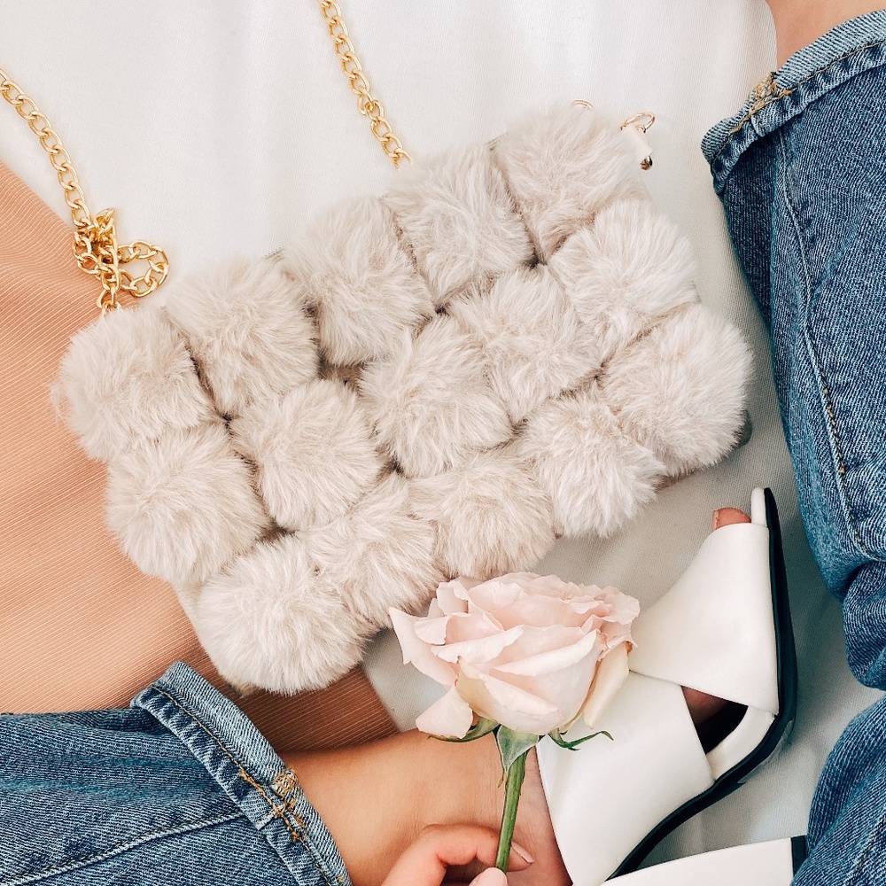 Taupe pom pom fuzzy clutch